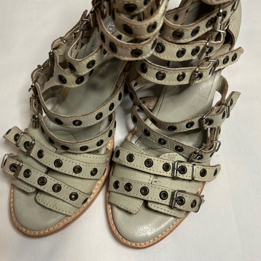 Casandra freebird strappy buckle sandals with covered heel and open toe.
